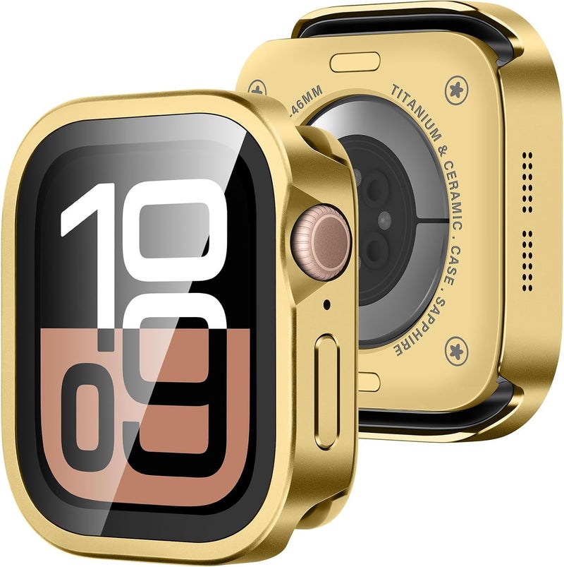 Amizee Metal Case Compatible with Apple Watch Series 11/10 46mm Case with Built-in Screen Protector, Straight Edge Ultra Thin with Back Cover Protective Cover for iWatch 46mm, Gold - Image 1